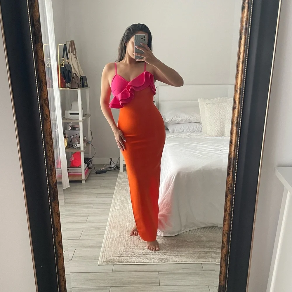 SIS Label Simona Orange & Pink Ruffle Bandage Maxi Dress | Size Small